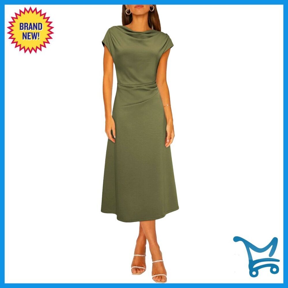 Short Sleeve Cowl Neck Ruched Waist Flowy A-Line Midi Dress Elegant Cocktail